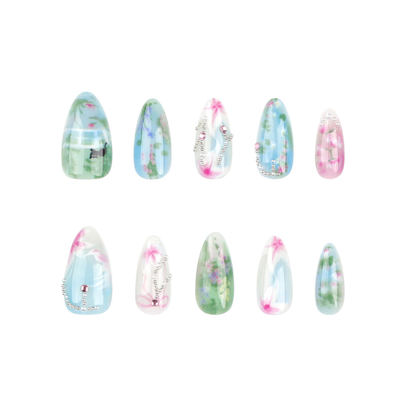 24Pcs Pink Flower Fake Nails Summer Green Leaf Press on Nails Pearls Decor Almond Wearable False Nails Tips for Women Girls