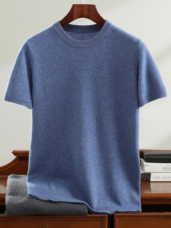 Nowa moda wiosna lato 100% kaszmirowy sweter męski sweter z okrągłym dekoltem czysty kolor koszulka z krótkim rękawkiem moda dzianinowa męska kurtka
