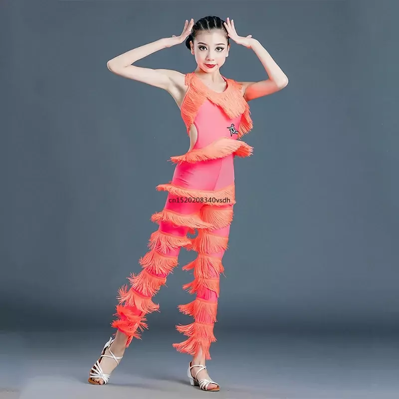 Baju dansa Latin baru pakaian anak perempuan pakaian pertunjukan dansa Jumpsuit pinggiran untuk wanita tanpa lengan rumbai celana Latin