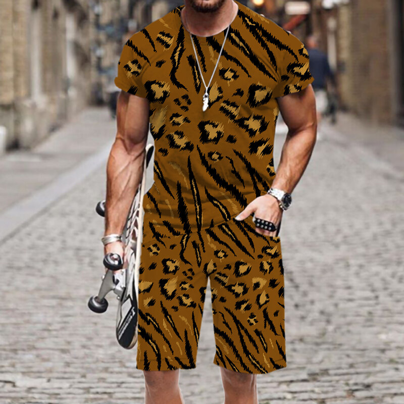 Men's T-shirt Shorts Set Funny Leopard Print Casual Tracksuit O Neck Short Sleeve Fashion 3D Printed Sportswear Street Tops Tees