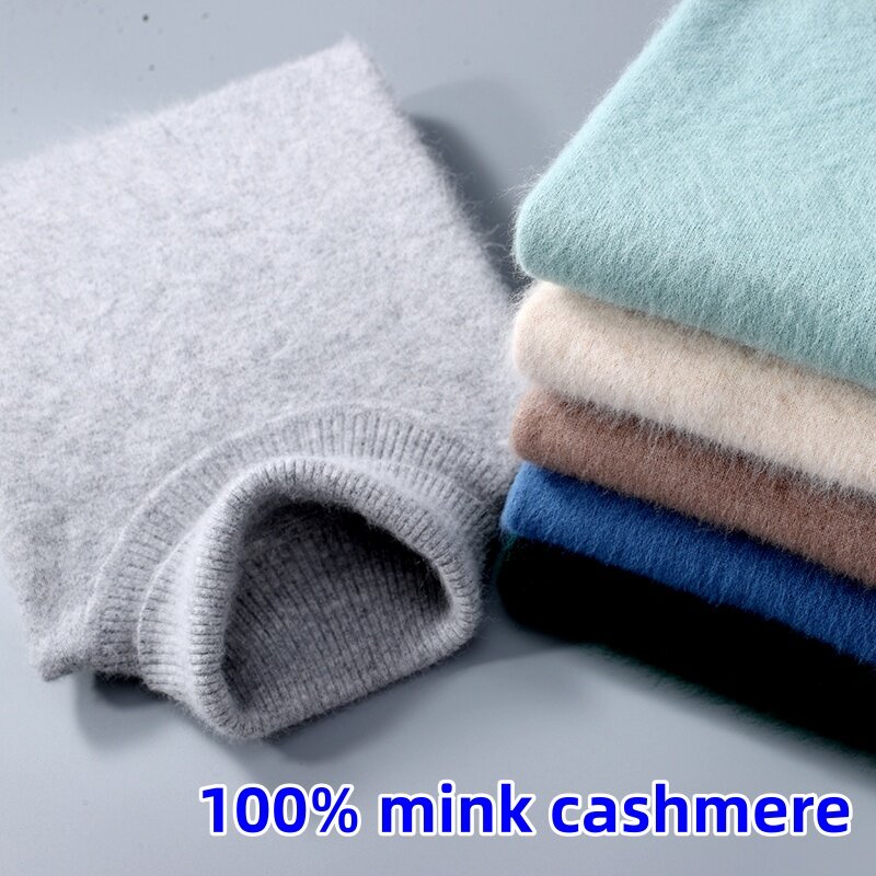 Autunno e inverno uomo dolcevita sciolto 100% visone Cashmere maglione Pullover termico Casual da uomo tinta unita maglia Plus-Size Top