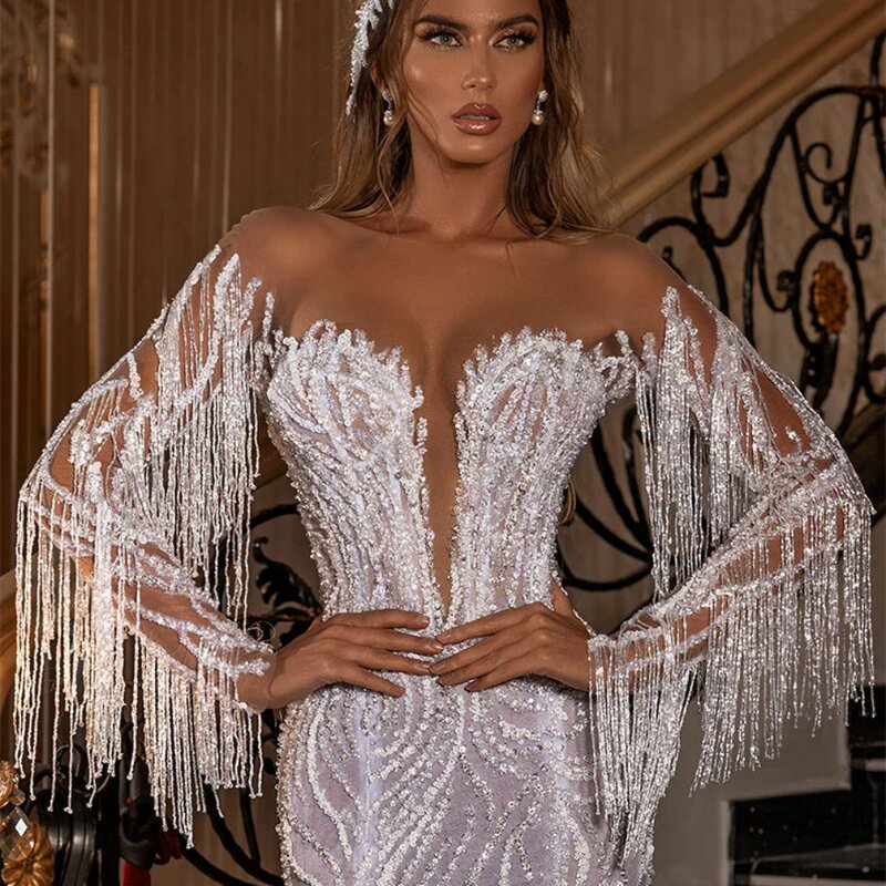 Женское свадебное платье It's yiiya, белое длинное платье с блестками и глубоким V-образным вырезом на лето 2019