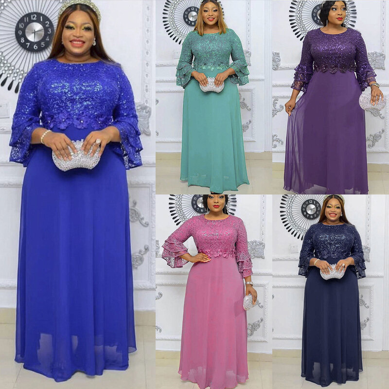 女性のためのモノクロのアフリカのピンクのドレス、七分袖、ポリエステルマキシのドレス、春と秋、2022、2024