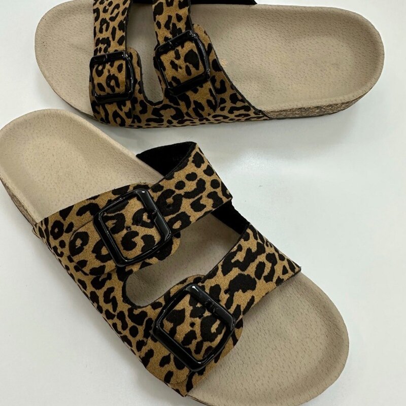 Sandal wanita motif macan tutul, baru, sandal gabus, anti-selip, dasar datar, sandal pantai, musim panas untuk wanita