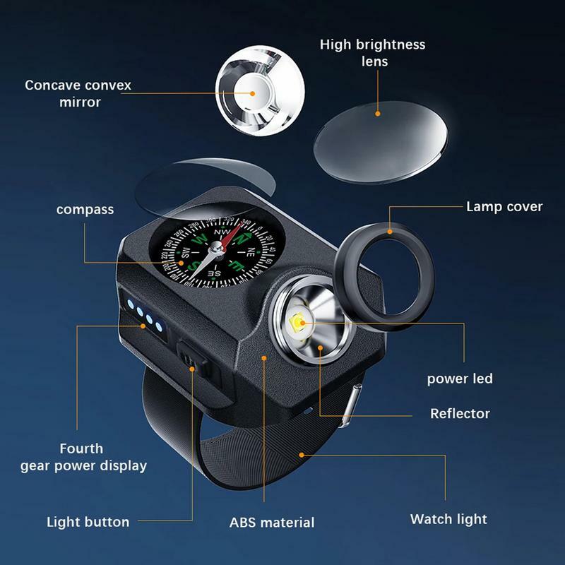 Lampu pergelangan tangan untuk berlari, pengisi daya USB Mini jam tangan Kompas lampu dapat diisi ulang Lampu gelang obor untuk lari luar ruangan