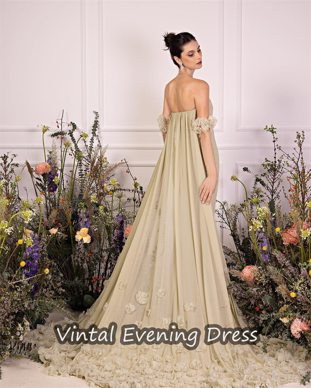 Vindal  Ruffle A-Line Evening Dress Floor Length Elegant Crepe Empire Prom Dresses Built-in Bra Backless Neckline For Woman 2024