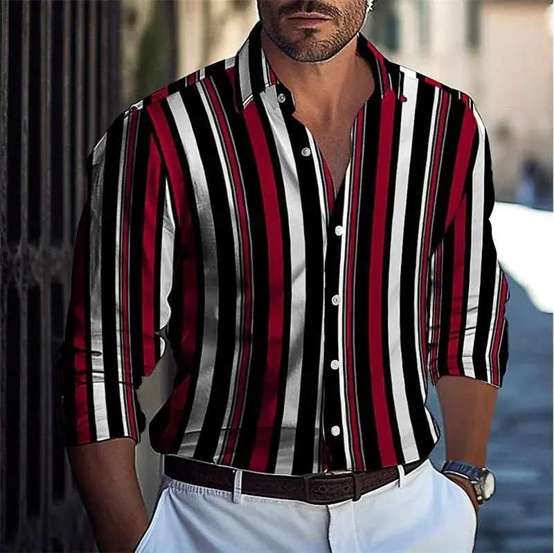 Camisa casual listrada masculina, estampada em 3D, primavera, verão, lapela, manga longa, blusa de vestuário confortável e elegante