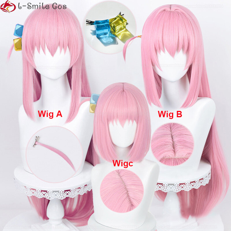 Wig Cosplay Anime Gotou Hitori 80cm, Wig pesta wanita tahan panas rambut lurus merah muda panjang + topi Wig