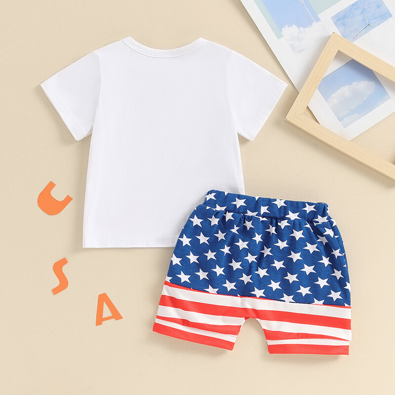 T-shirt de manga curta para menino 4 de Julho, equipamento com letra de águia, risca, estrela, calção, outfit