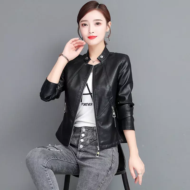 Womens Leather Jacket 2023 Spring Autumn Leather Jackets for Women Short Slim Coats Female Standing Collar Coats Chaqueta Mujer