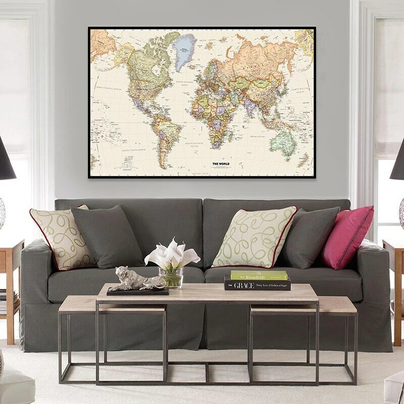 75*50cm Retro World Map with Details Vintage Art Poster Canvas Painting Wall Hanging Pictures School Supplies Room Home Decor