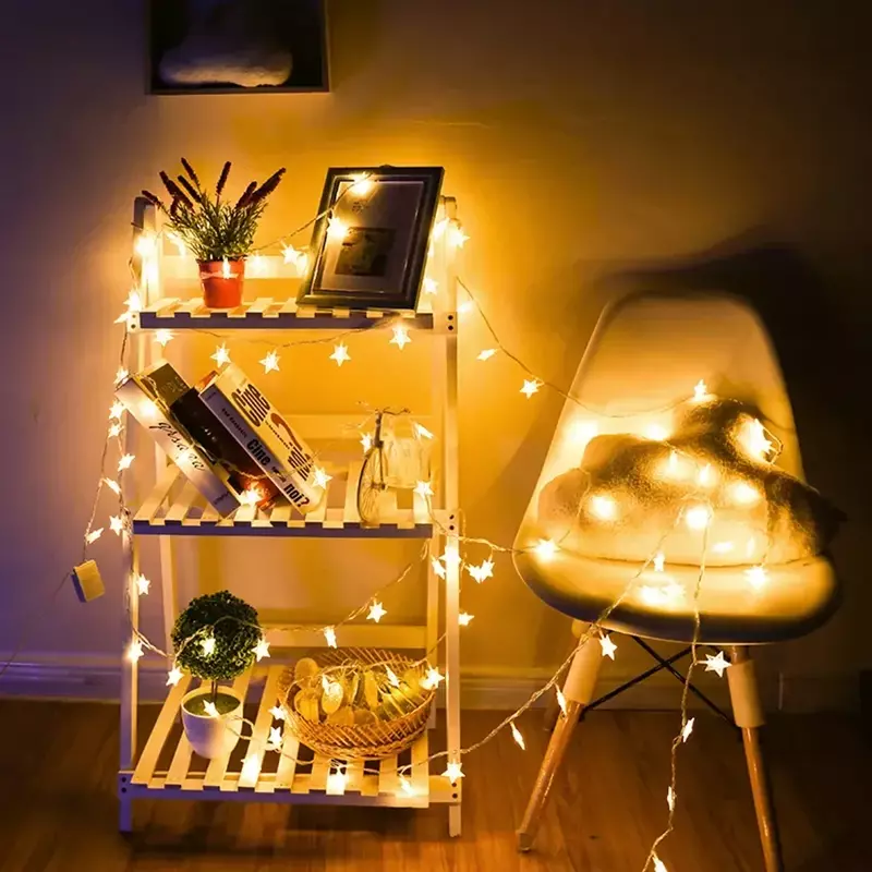 Guirnalda de luces LED con forma de estrella de hadas, lámpara de tira alimentada por USB y batería, luces decorativas para fiesta, jardín, boda, decoración de Festival