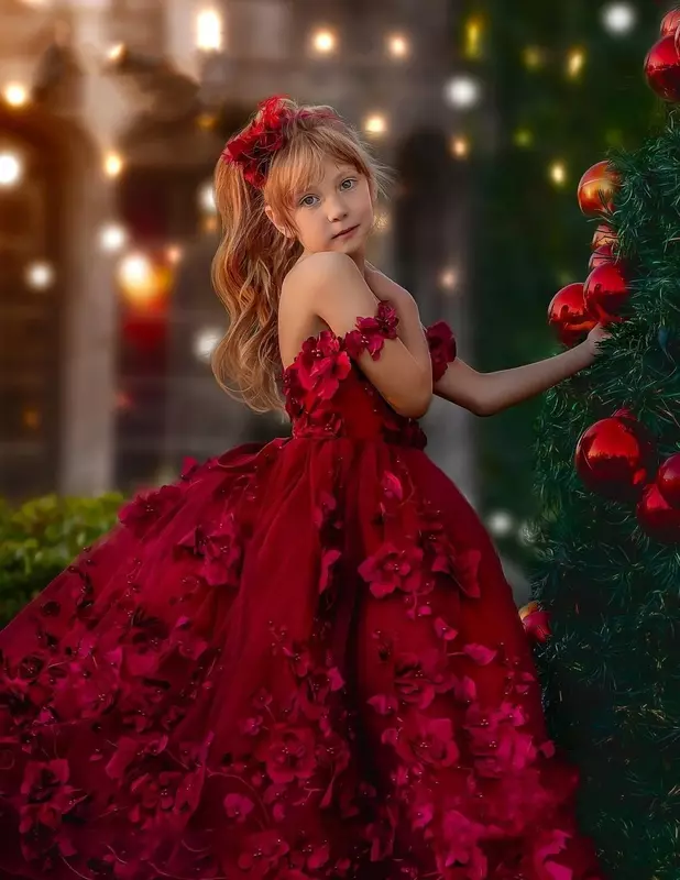 Vestidos largos de flores Burdeos para niña, vestido de fiesta de cumpleaños con perlas 3D, hombros descubiertos, tul para desfile, vestidos de Navidad para niños