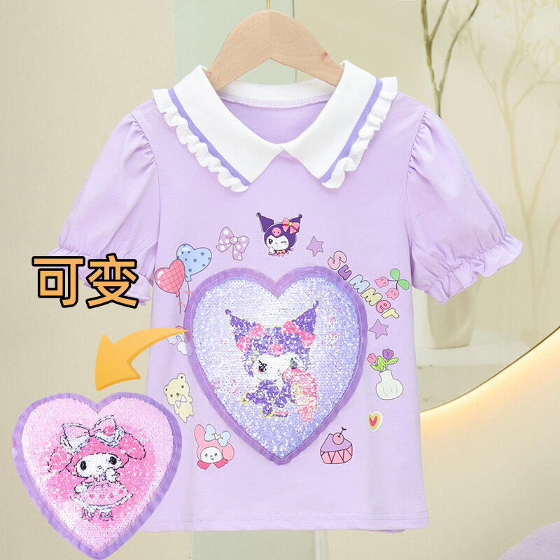 Anime sanhos Kids manica corta Kawaii My Melody Kuromi Girl Cotton t-shirt Cartoon mezza manica top moda estate abbigliamento per bambini