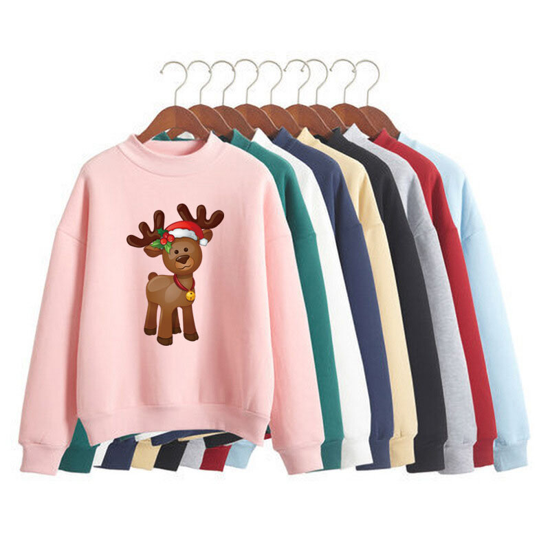 New Lovely Deer Print Women Christmas Sweatshirt Korean O-neck Knitted Pullover Thick Autumn Winter Candy Color Lady Clothing