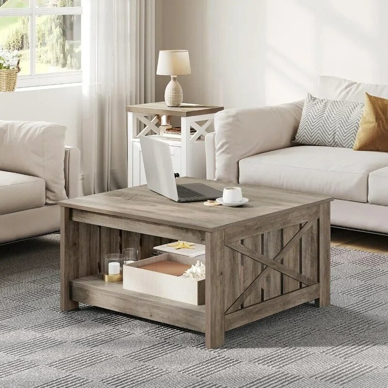 Mesa de café de madeira rústica com armazenamento, Mesa de café para sala de estar, quinta, sala central, mobília cinza