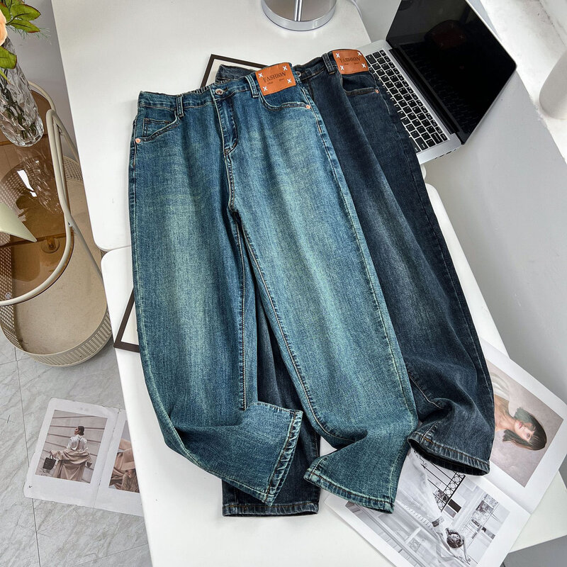 Pantalon sarouel en denim taille haute pour femme, jean longueur rinçage, étiquette de mode décontractée, grande taille, automne, 100kg