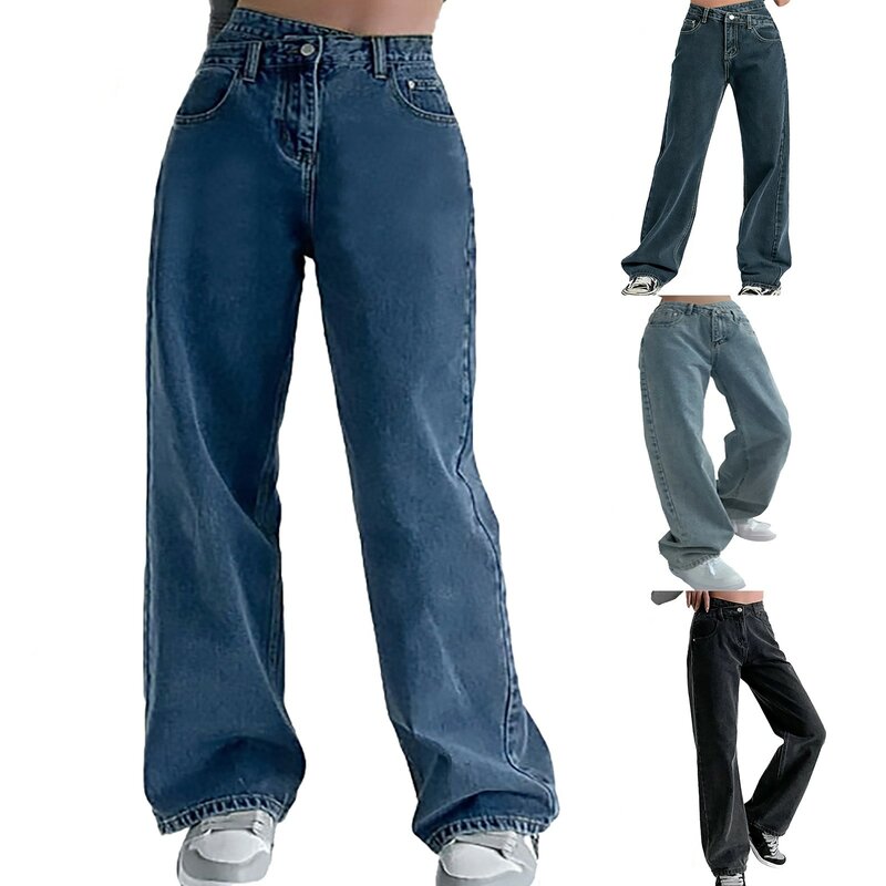 Женские повседневные мешковатые джинсы с высокой талией, новинка 2023, модные прямые брюки Y2K, джинсовые брюки, винтажные свободные синие потертые джинсы 90-х