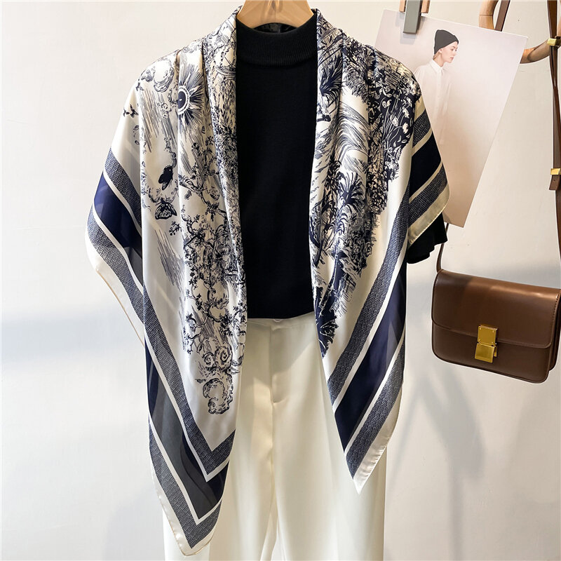 2022 neue Luxus große Schal Seide quadratischen Schal Damenmode Stirnband Sonnenschutz Bandana Wrap Hijabs 110cm * 110cm Kopftuch Foulard