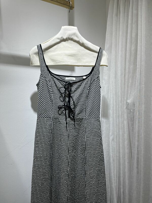 Women Square Collar Lace-up Plaid Print Sleeveless Strap Long Dress