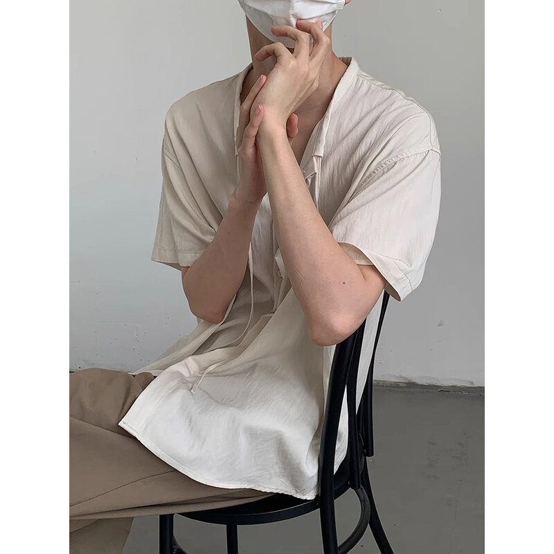 Рубашка мужская Тонкая с коротким рукавом, модная Повседневная блуза в Корейском стиле, однотонная Свободная рубашка с круглым вырезом и пуговицами для йоги, лето 2024