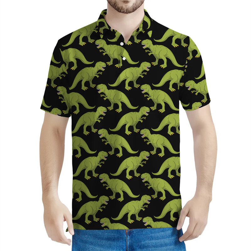 Polo de dinosaurio de dibujos animados para hombre, camiseta con solapa de Animal impresa en 3d, camisetas holgadas con botones, Tops casuales de manga corta de verano