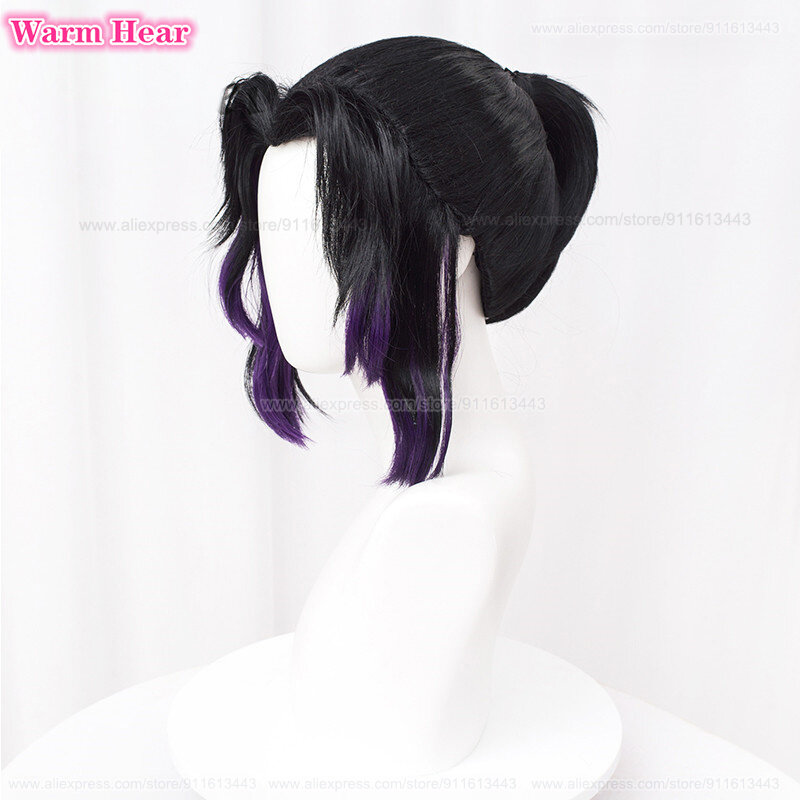 Kochou Shinobu peruka do Cosplay 35cm czarna fioletowy Gradient piękna włosy w koński ogon peruka żaroodporna peruki syntetyczne Halloween + czapka z peruką