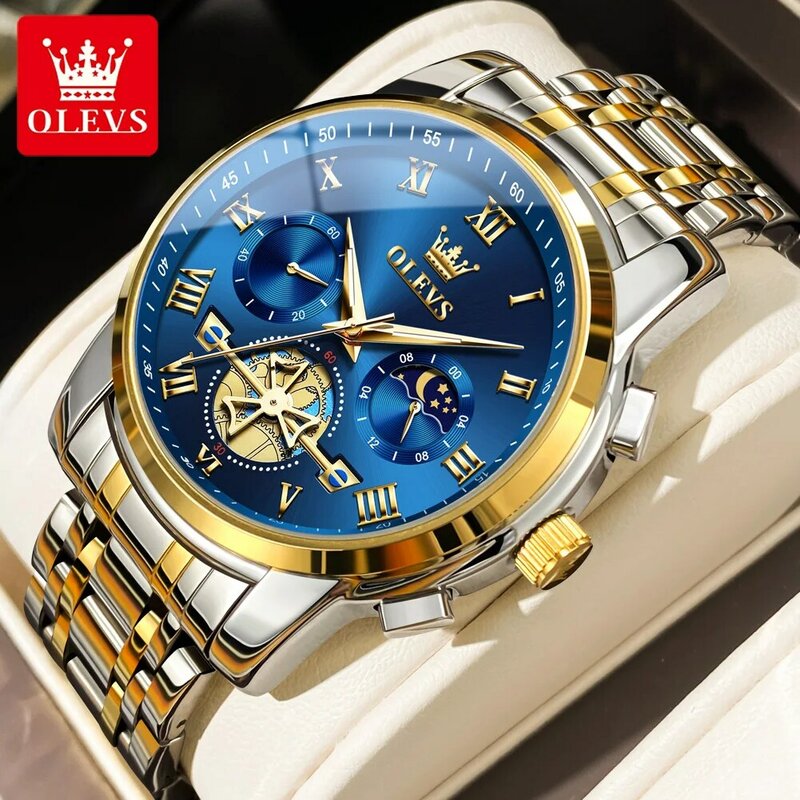 OLEVS-Relógio de pulseira de aço inoxidável impermeável masculino, fase da lua, cronógrafo luminoso, quartzo, marca de luxo, original