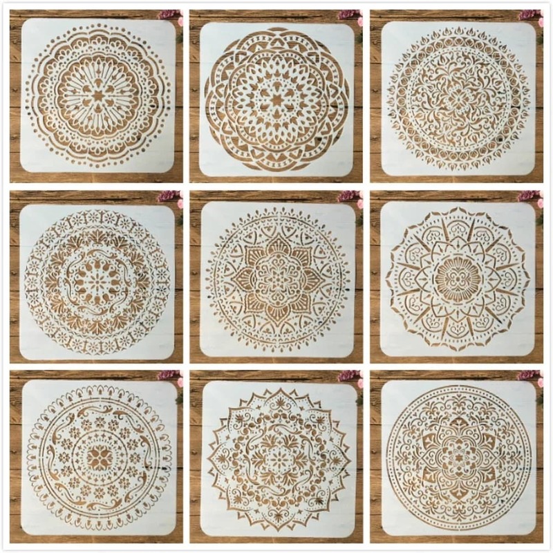 Plantillas de capas de geometría redonda de Mandala, plantilla decorativa de álbum de recortes de pintura para colorear, álbum de relieve, bricolaje, 15x15cm, 9 unids/lote por paquete