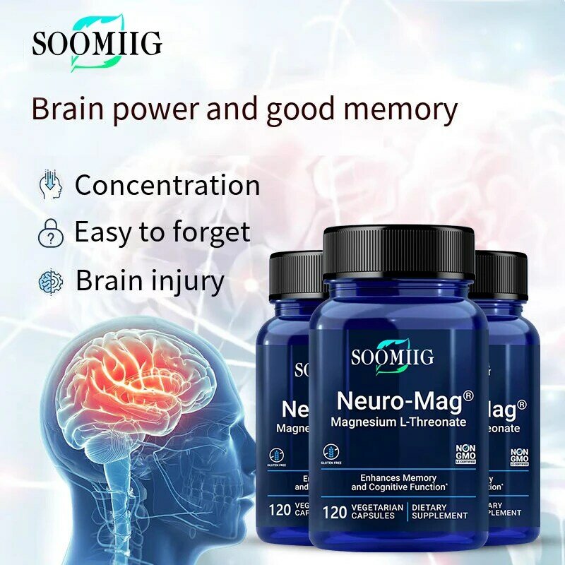 Soomiig neuro-MAG magnesium L-threonate, แมกนีเซียม L-threonate, สุขภาพของสมอง, ความจำและโฟกัส, ปราศจากกลูเตน, มังสวิรัติ, ปลอดจีเอ็มโอ