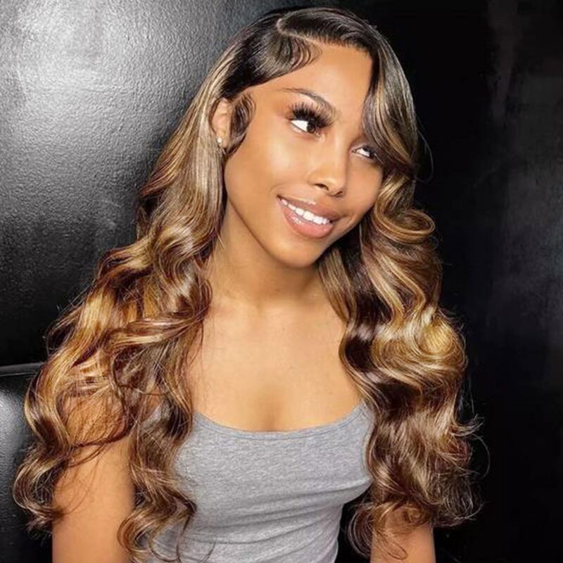 30 inch Highlight Ombre Body Wave Lace Front Wig Human Hair 13x4 HD Lace Front Wigs Pre Plucked Honey Blonde 4/27 Colored Wigs