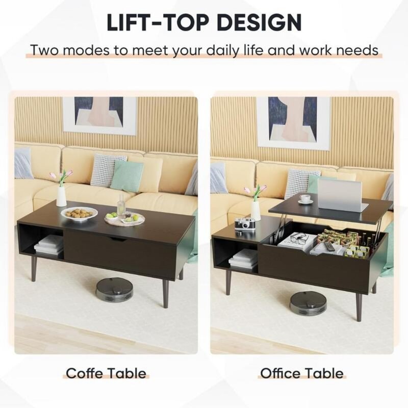 Mesa de café elevada com armazenamento rack e compartimentos escondidos mesa de madeira, preto