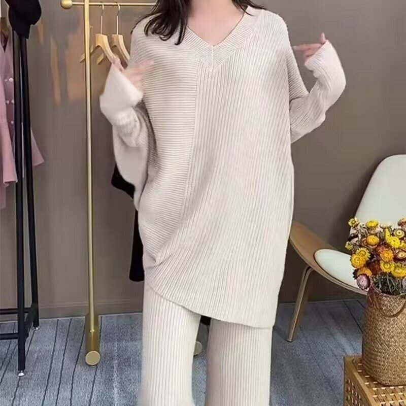 Frauen einfarbig V-Ausschnitt Kragen Pullover Set lose Strickwaren gerade Hosen Anzüge Herbst Winter Mode Büro Dame Outfi