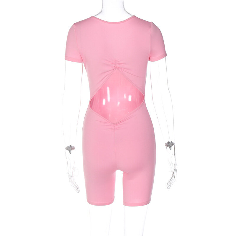 BKLD letnie stroje dla kobiet 2023 nowy krótki rękaw jednolity kolor różowy dekolt z dekoltem w szpic bez pleców wąski Romper dla kobiet
