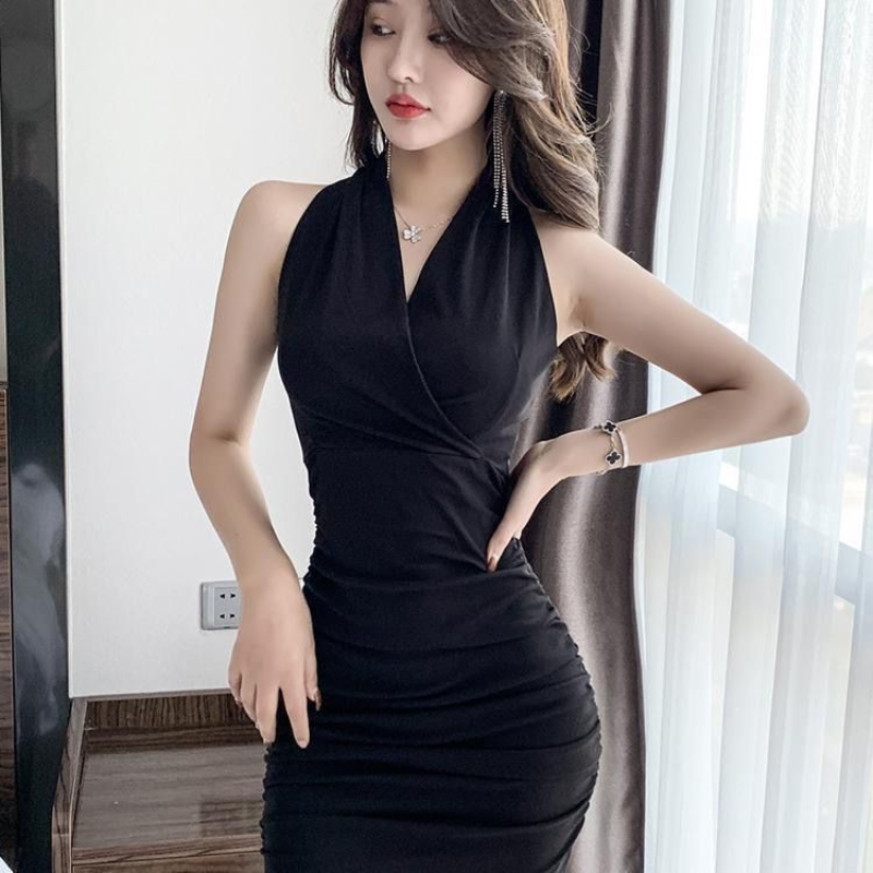 Summer Temperament Sexy Sleeveless Dress for Women, Spicy Girl Tight Fitting Waist Pulling Pleated Buttocks Wrapped Skirt