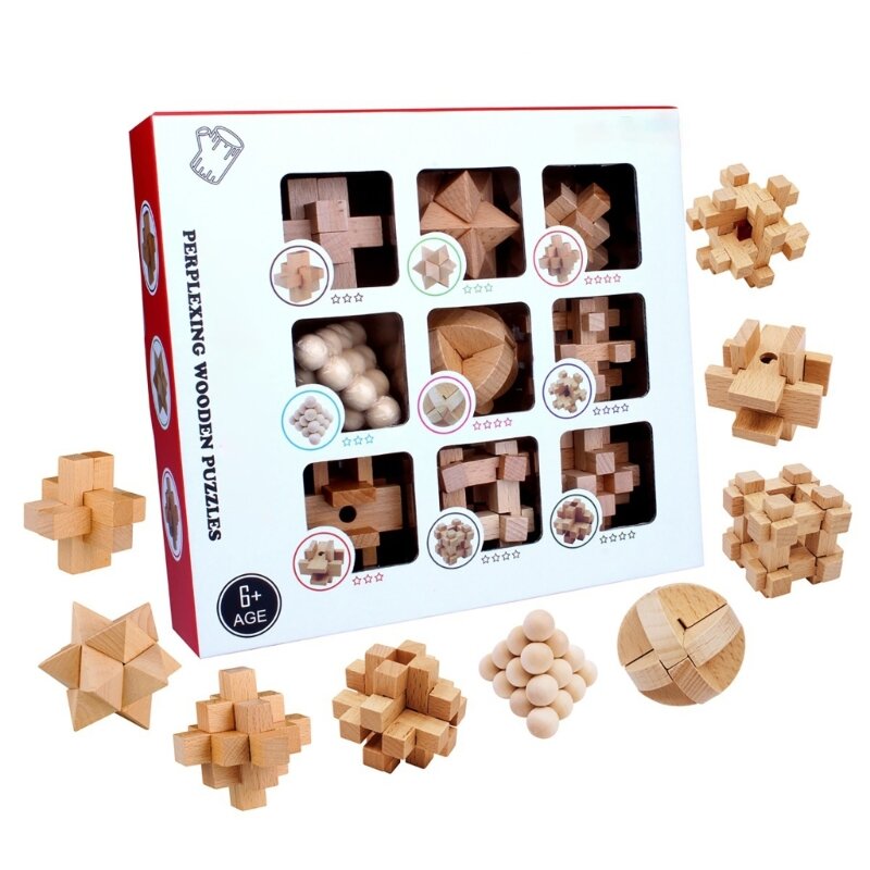 9 Stücke 3D Holz Gehirn Teaser Puzzle Schlösser Spielzeug Entwicklung Lernspielzeug