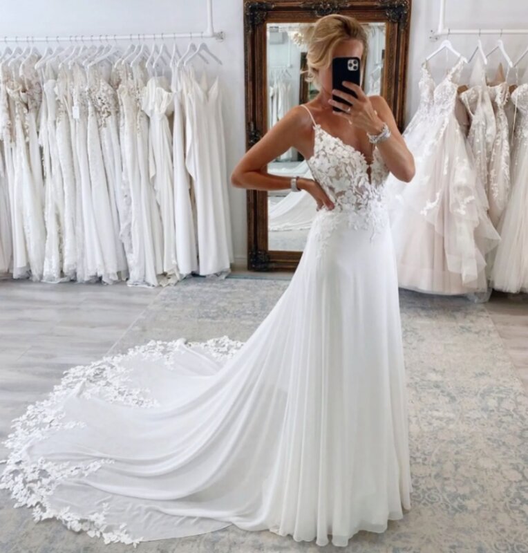Женское пляжное свадебное платье It's yiiya, белое кружевное платье-трапеция со шлейфом и кружевной аппликацией на лето 2024