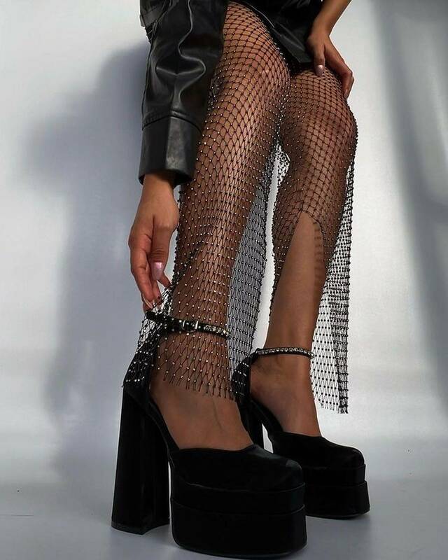 Sexy y2k streetwear Fishnet Rhinestone pants women clothing see through club party pants vintage clothes wide leg pants trousers