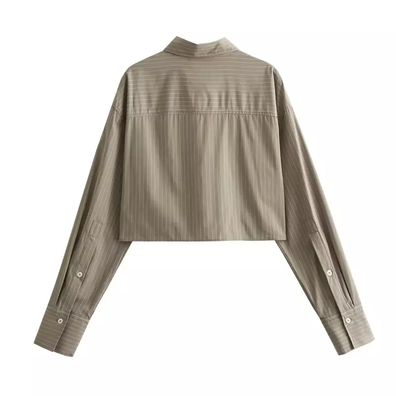Vrouwen Nieuwe Mode Flip Pocket Decoratie Cropped Gestreepte Slanke Blouses Vintage Lange Mouw Knoop-Up Dames Shirts Chique Tops