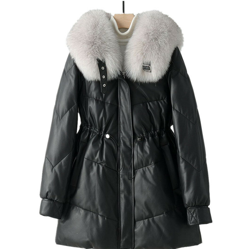 Кожаное пальто средней длины для женщин, свободный крой, теплый пуховик, Воротник из меха большой лисы, тонкая талия, осень и зима