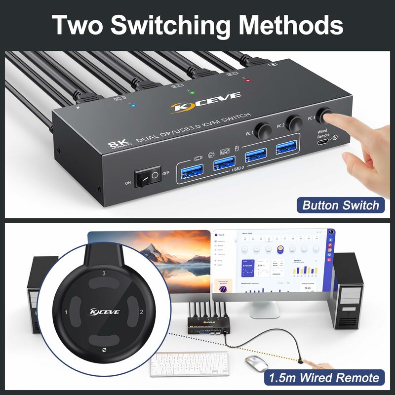 KVM Dual Monitor Displayport Switches, KVM Switch, 2 Monitores, 3 Computadores, 8K @ 60Hz, 4K @ 144Hz, Dispositivo USB 3.0