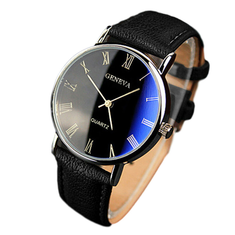 Классические часы с кожаным ремешком для мужчин, модные синие часы в римском стиле, кварцевые часы, деловые мужские повседневные Универсальные часы