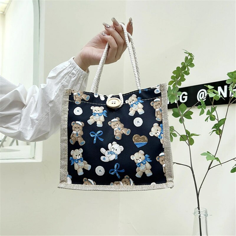 Linen Button Zipper Handbag Gift Packing Bag Bear Pattern Large Grocery Bag Women Beach Tote Portable Lunch Bag New Fashion