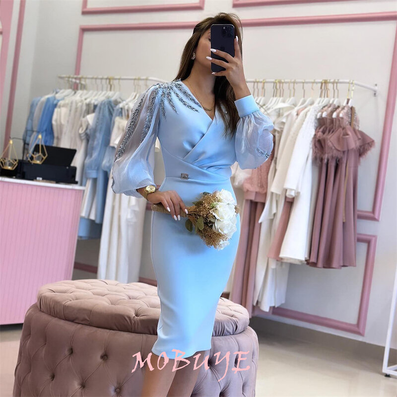 Mobuye 2024 beliebte V-Ausschnitt Ballkleid Tee-Länge mit langen Ärmeln Abend mode elegantes Party kleid für Frauen