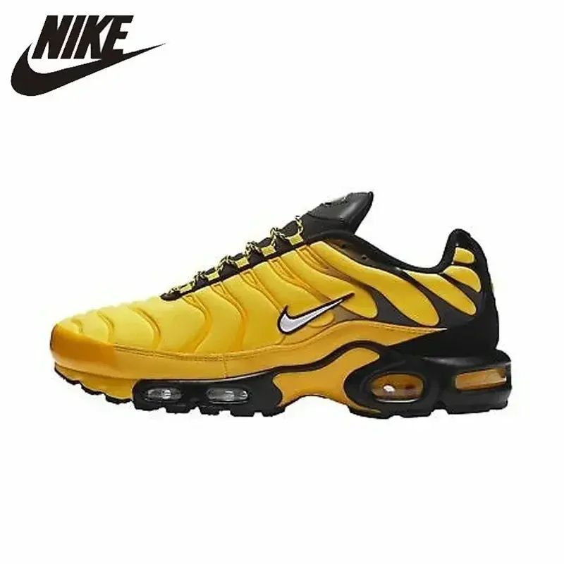 Nike-Tênis de corrida masculino TN Air Max Plus, amarelo e preto, tênis esportivos confortáveis, pacote de frequência, leve, original, AV7940-700
