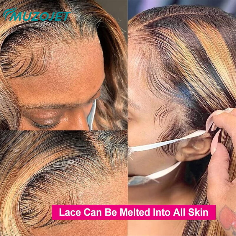 Perruque Lace Closure Wig sans colle naturelle, cheveux lisses, blond miel, brun, 5x5, 13x4 HD, pre-plucked