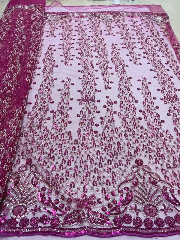 5 yard kain renda Afrika jaring Tulle renda manik-manik 2024 kain payet emas kualitas tinggi Nigeria untuk jahit gaun malam pernikahan