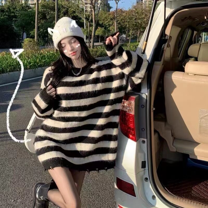 Pasiaste dziurki swetry damskie jesienne luźne Slouchy odzież uliczna Preppy moda Retro Harajuku wszystkie mecze eleganckie popularne stylowe Ins