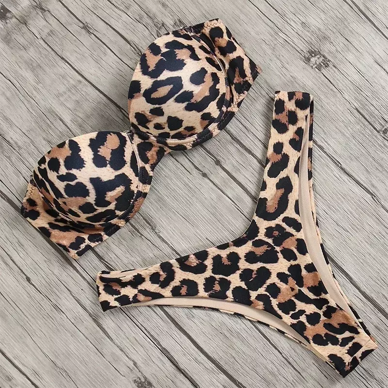 Maillot de bain sexy pour femmes, bikini deux pièces, soutien-gorge push-up, culotte taille basse, imprimé léopard