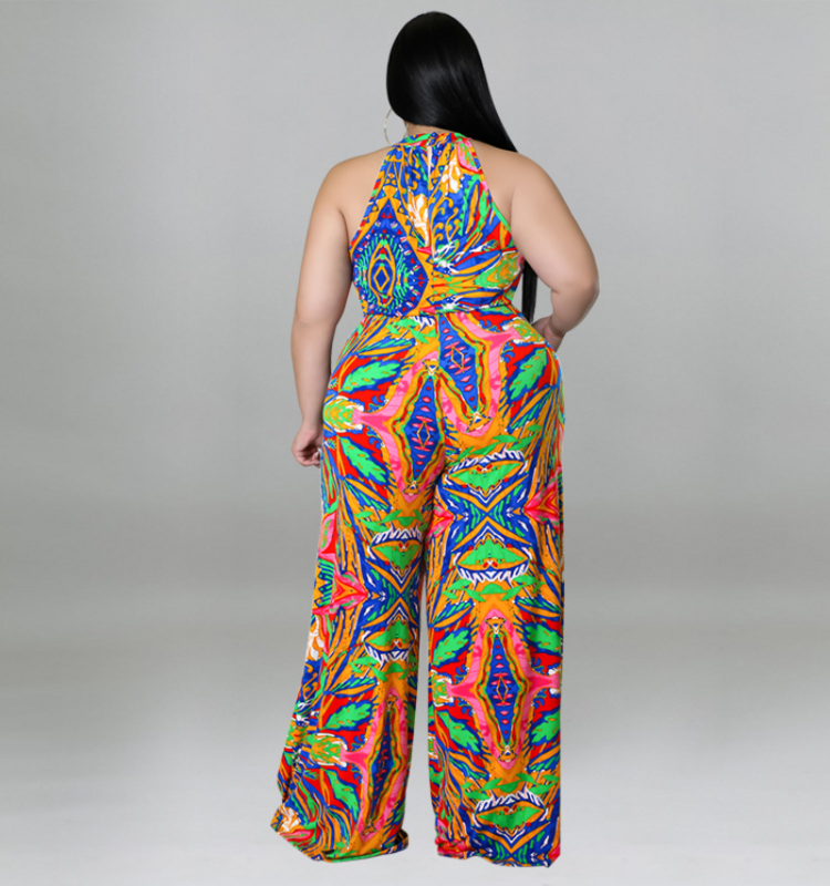 WUHE Plus Size kolorowy Patchwork kobiet kombinezon z szeroką nogawką elegancki bez rękawów luźny Romper 2023 strój na lato
